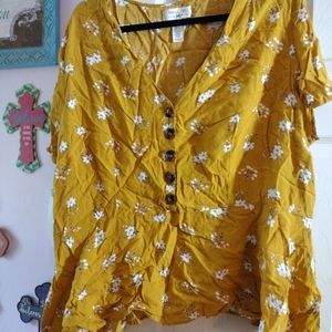 Midnight Sky Floral Peplum Button-Down Blouse Yellow mustard 3XL